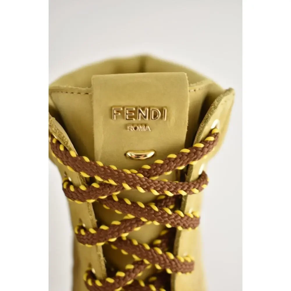 Fendi Filo Beige Nubuck FF Embossed Logo Lace Up Tie Logo Combat Biker Boot 38